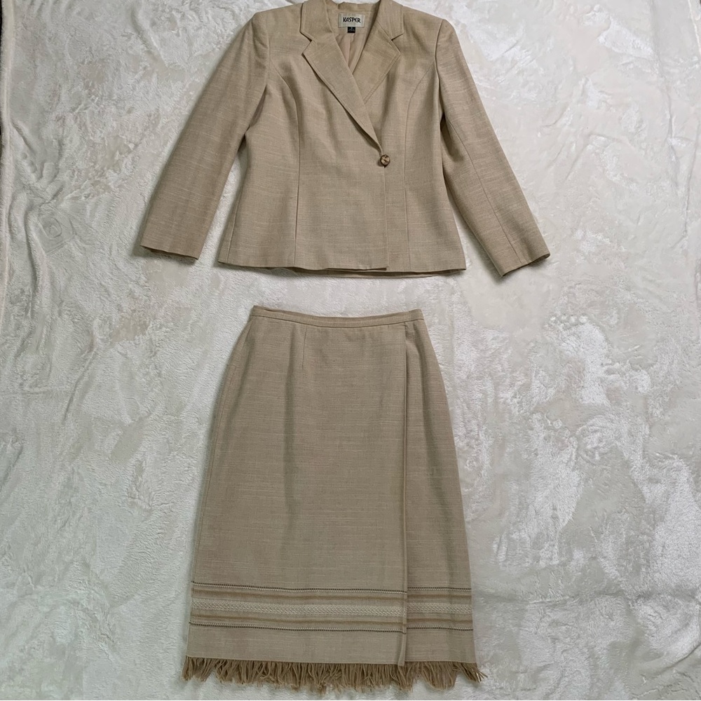 Khaki colored Kasper Faux wrap skirt and jacket